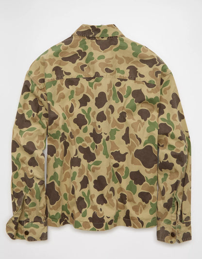 Boxy Fit Camo‑Print Stretch Sateen Mens Overshirt Jacket