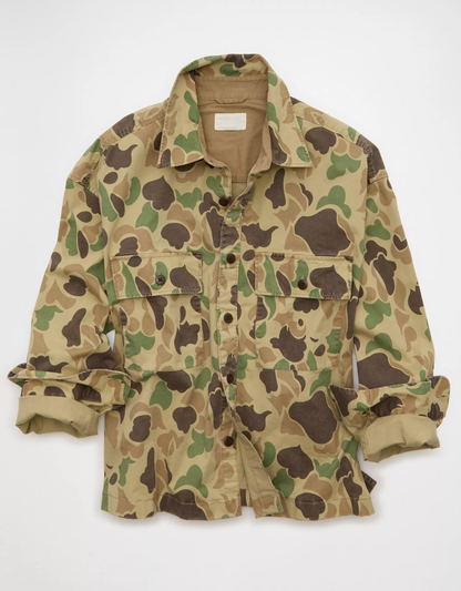Boxy Fit Camo‑Print Stretch Sateen Mens Overshirt Jacket