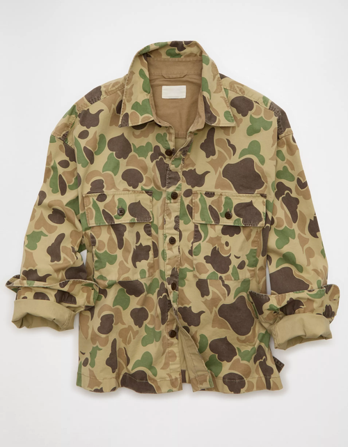 Boxy Fit Camo‑Print Stretch Sateen Mens Overshirt Jacket