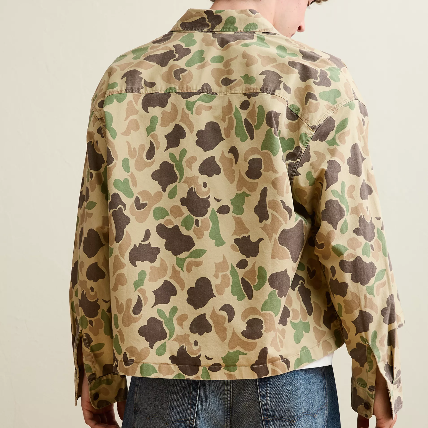 Boxy Fit Camo‑Print Stretch Sateen Mens Overshirt Jacket