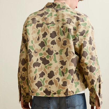 Boxy Fit Camo‑Print Stretch Sateen Mens Overshirt Jacket