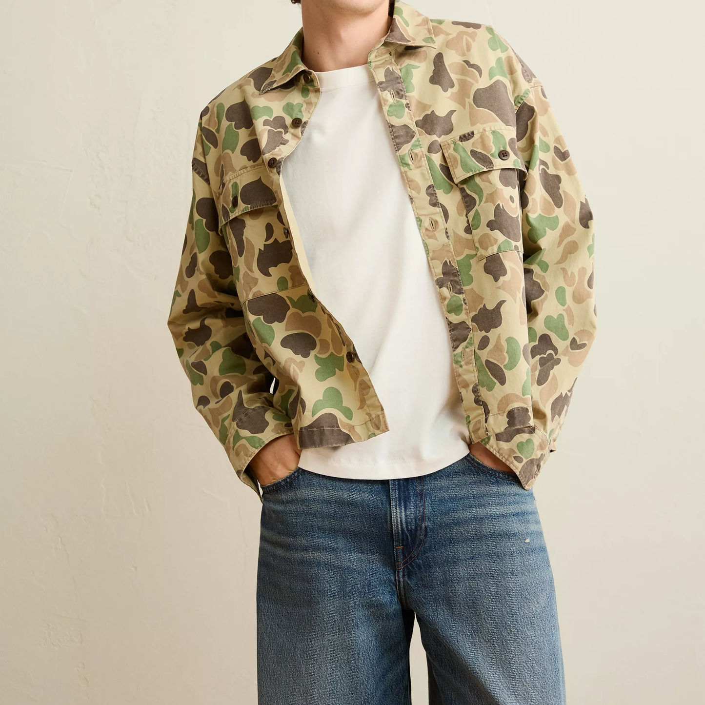 Boxy Fit Camo‑Print Stretch Sateen Mens Overshirt Jacket